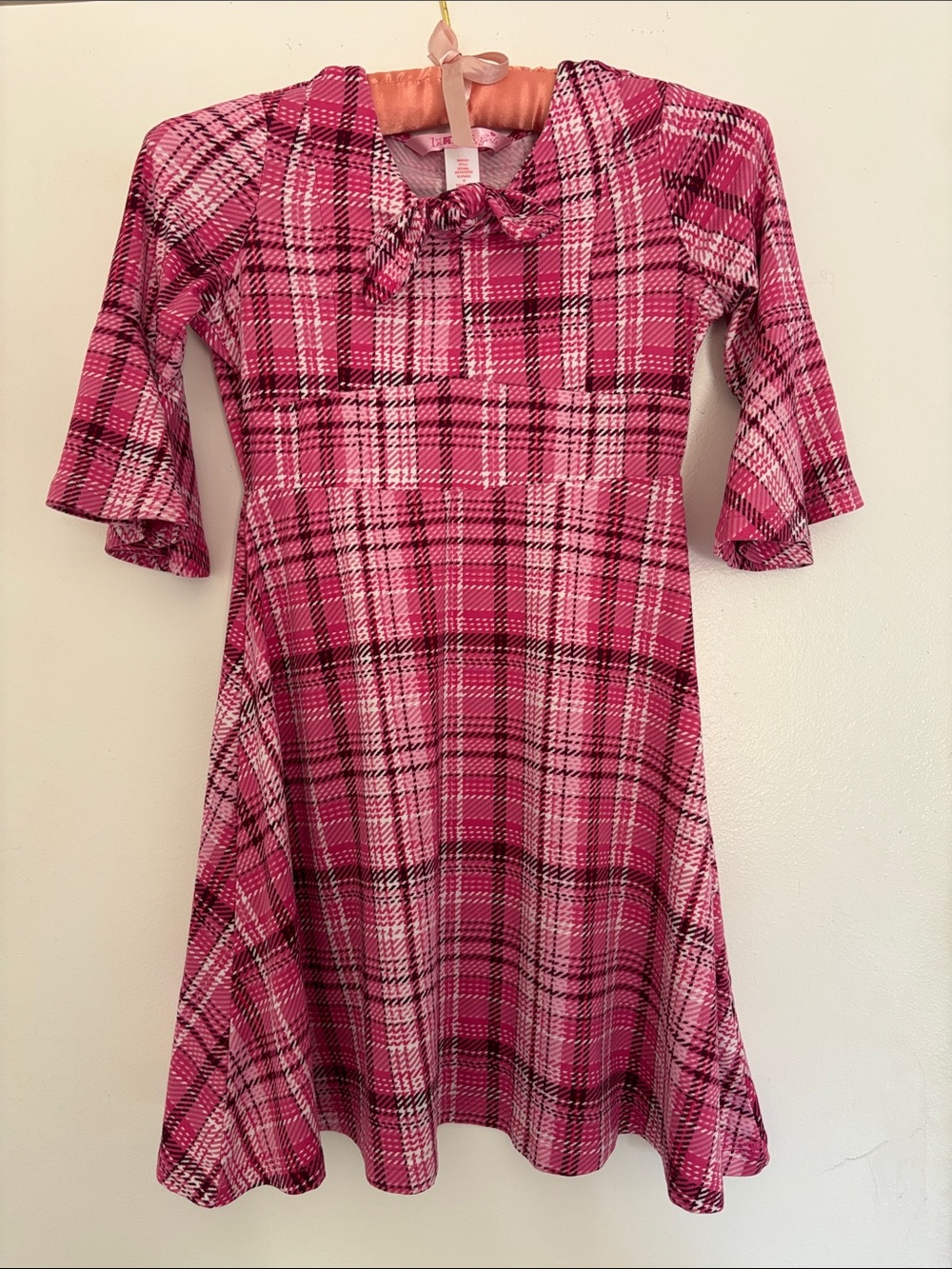 1st Kiss Hot Pink Plaid Fit-and-Flare Dress with Bow Collar